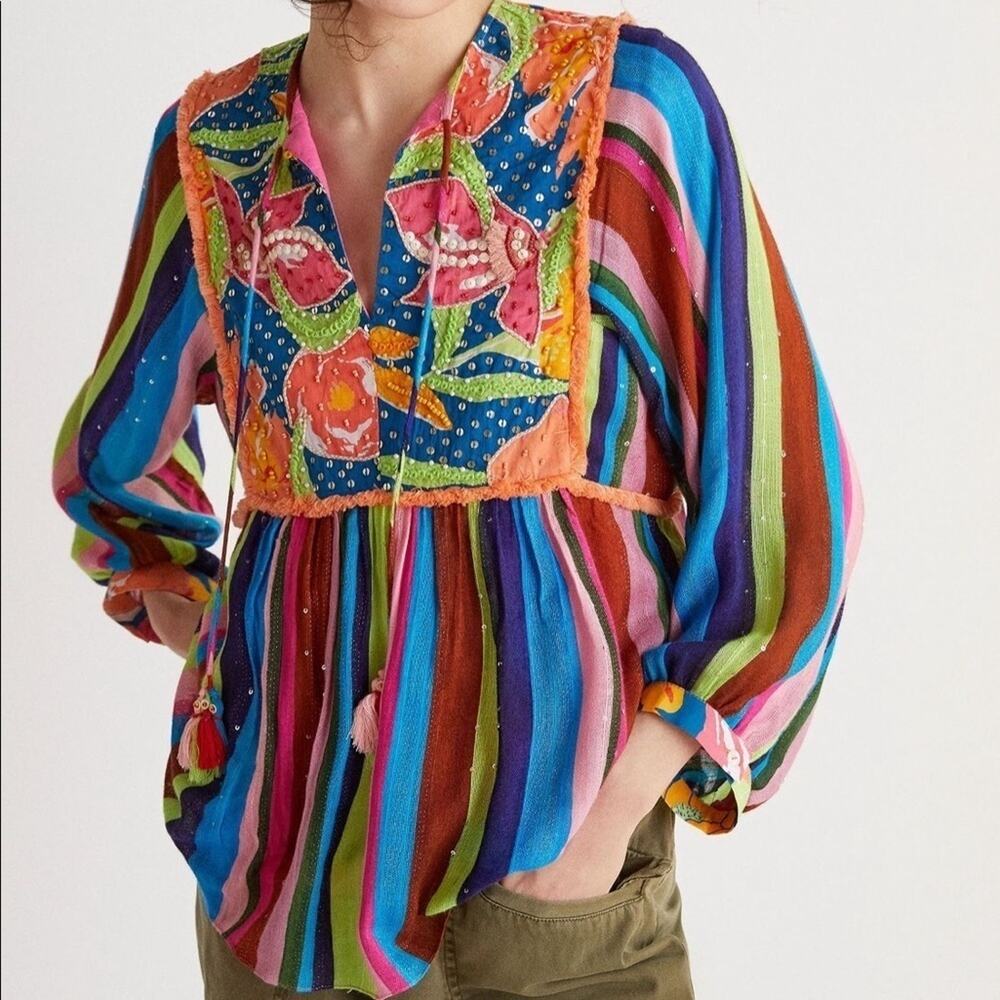 Anthropologie Verb Floral Beaded Babydoll Blouse NEW - Picture 8 of 10